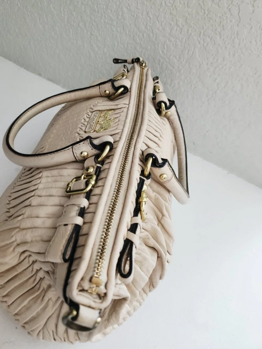 Coach Sophia Gathered Beige Leather Satchel Handbag Purse